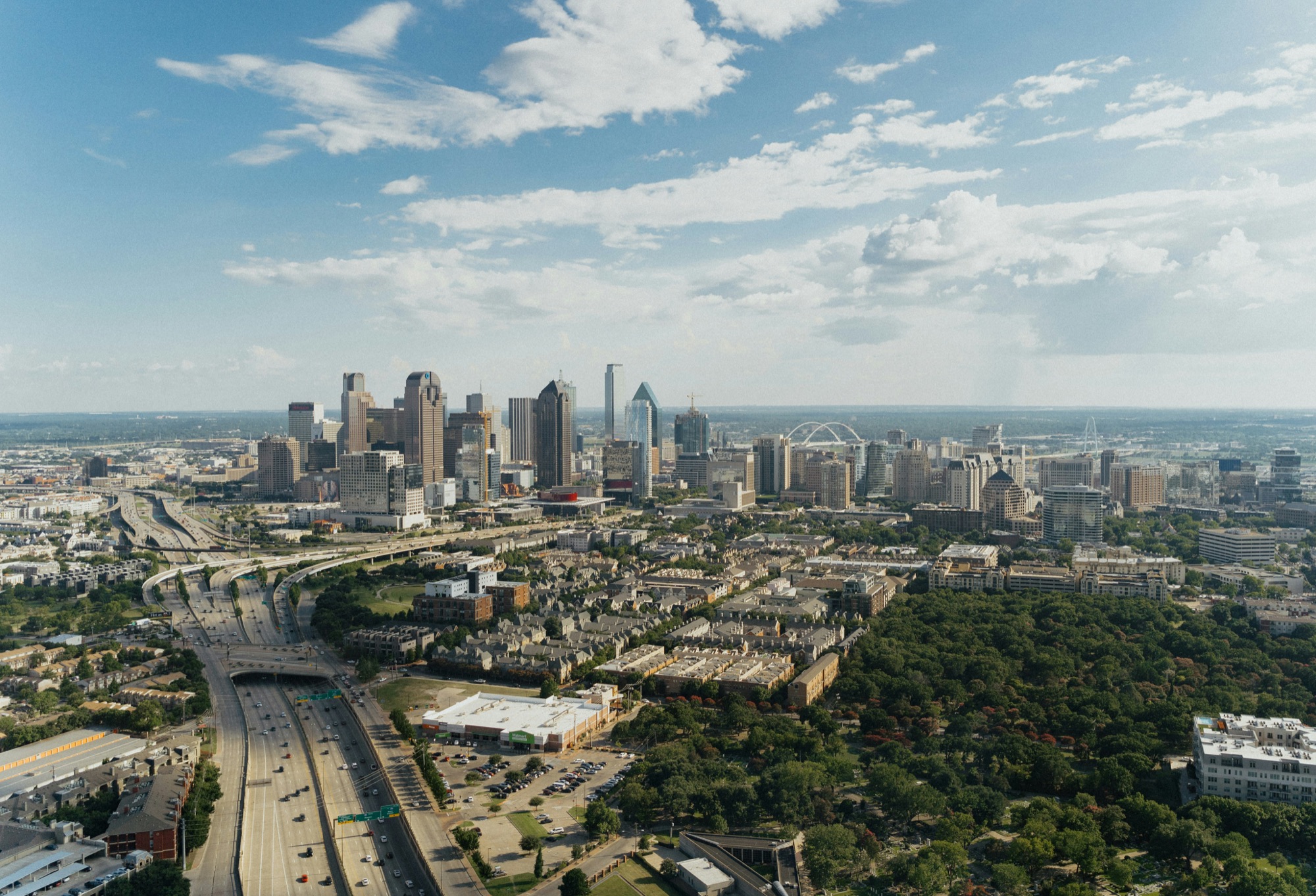 The downtown Dallas skyline seen from the air