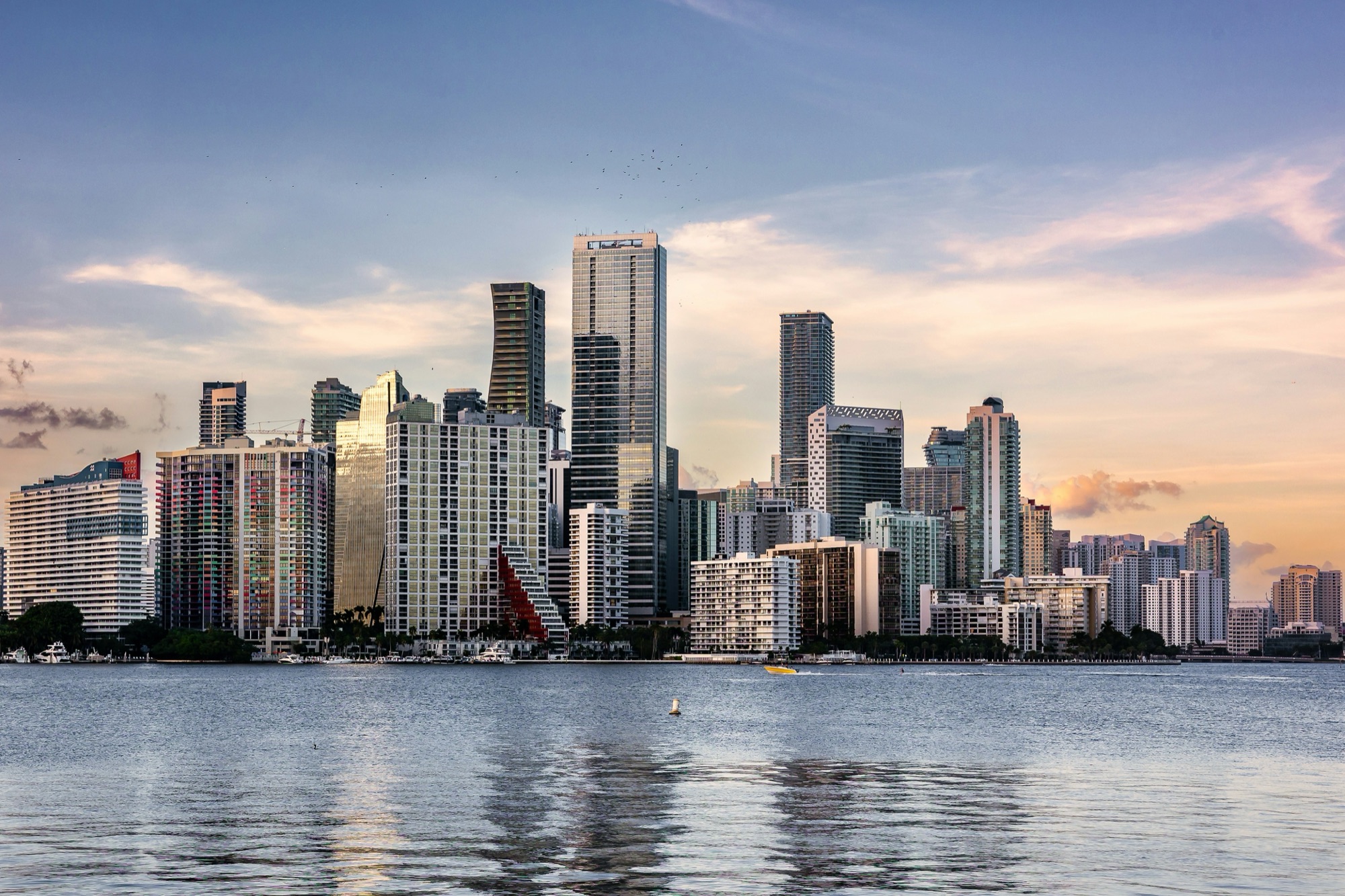 The Miami skyline along Biscayne Bay at sunset