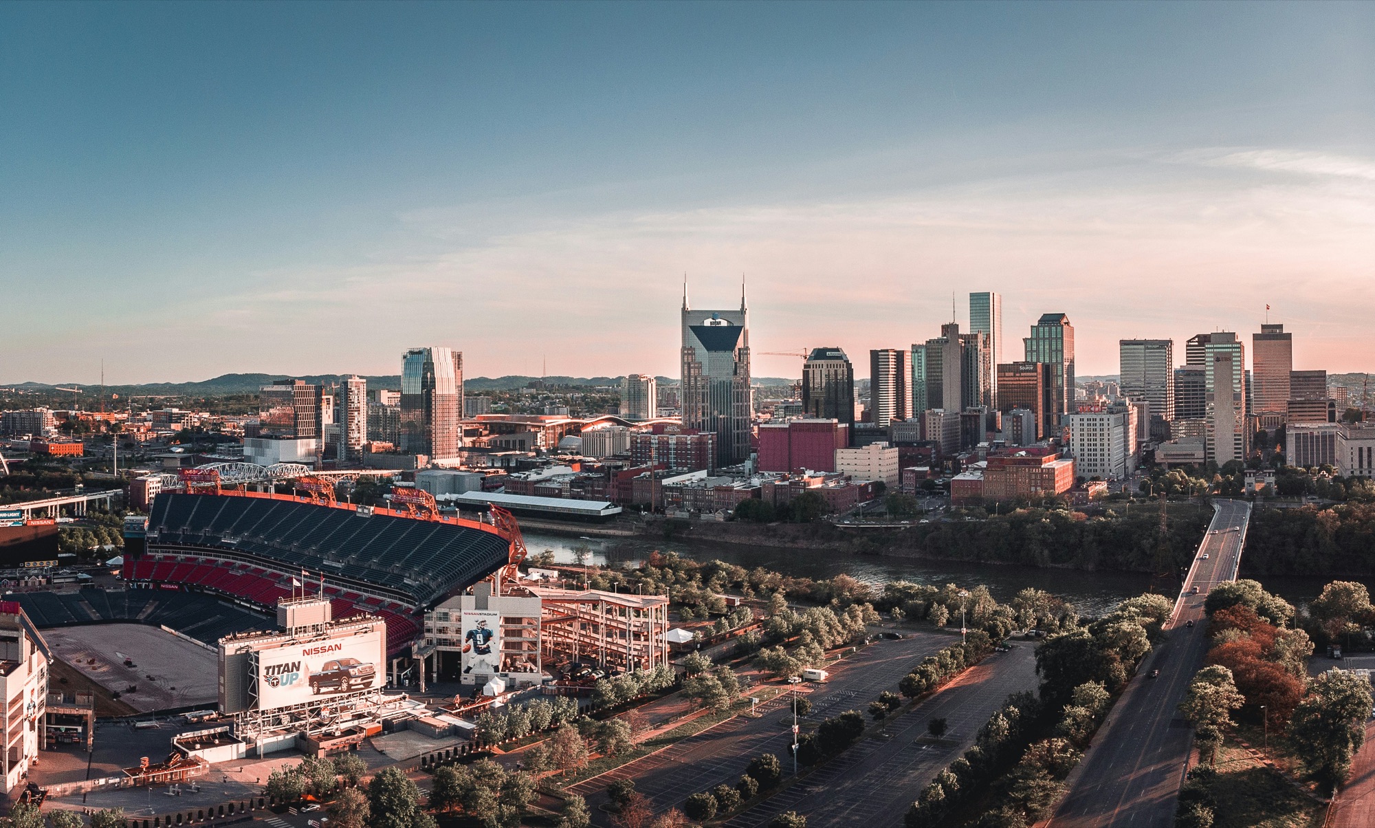 The Nashville skyline along the Cumberland River at sunset