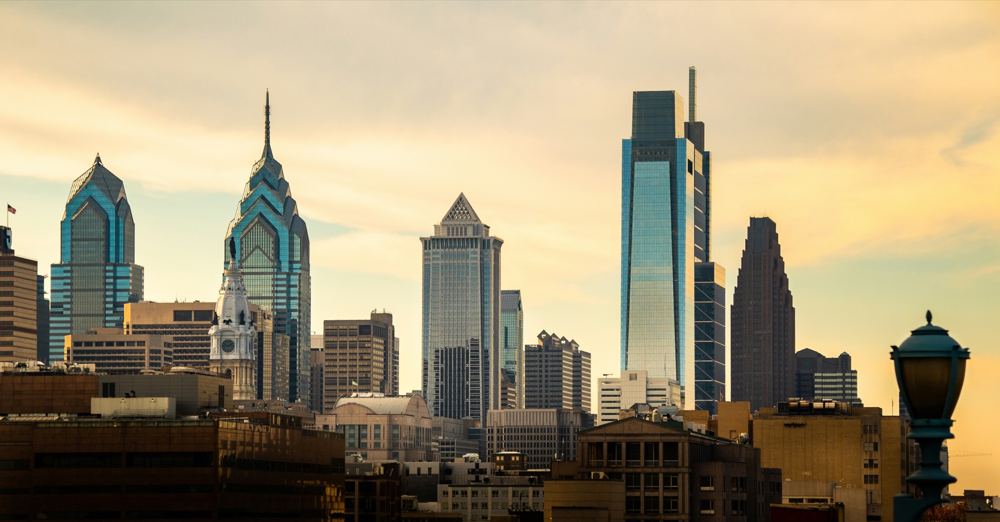 The Philadelphia skyline with City Hall and Center City towers at sunset